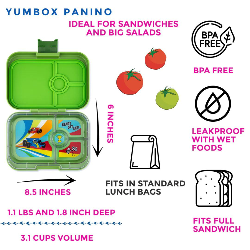 Yumbox Bento – Panino – Vert Matcha avec plateau voiture de course (4 compartiments)    - Yumbox - Boîte à repas -  - La Guilde Culinaire