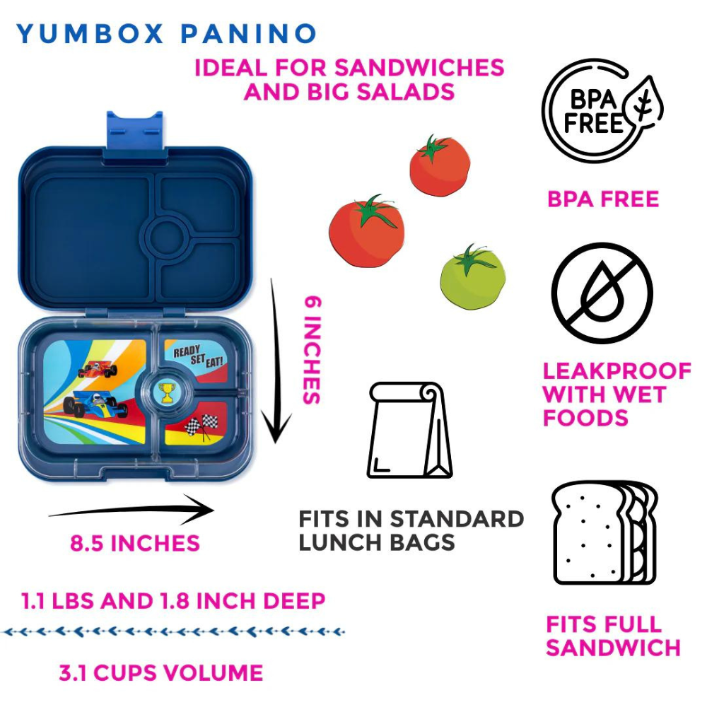 Yumbox Bento – Panino –  Monte Carlo Bleu avec plateau voiture de course (4 compartiments)    - Yumbox - Boîte à repas -  - La Guilde Culinaire