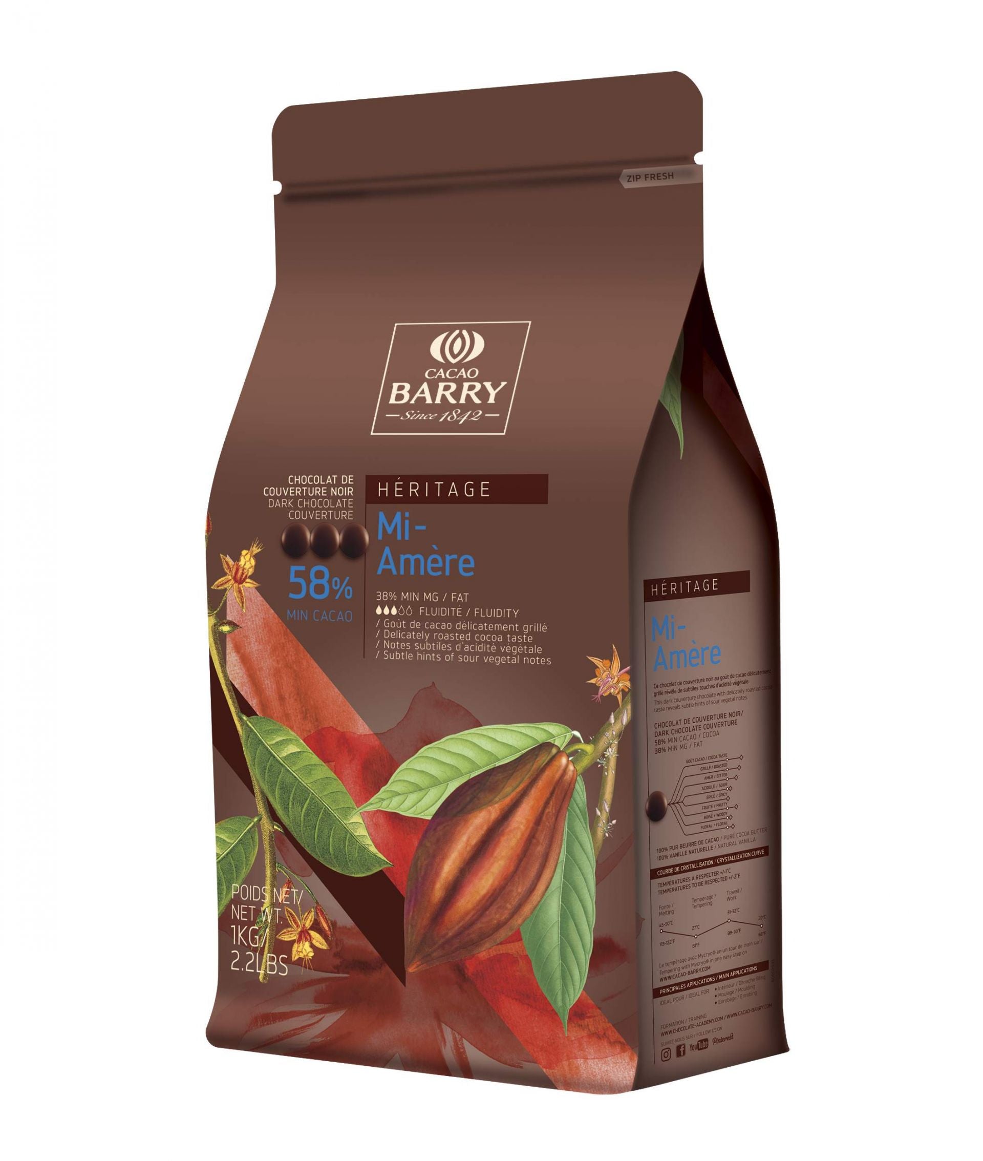 Chocolat Mi-Amère Héritage 58% 1kg   - Cacao Barry - Chocolat noir - MI AMÈRE HÉRITAGE 58% - 1kg