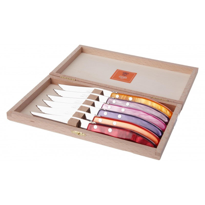 Coffret hêtre 6 couteaux Berlingot manche nacrine assorties Fuego - Claude Dozorme - Couteau à steak - D2.13.001.43 - La Guilde Culinaire