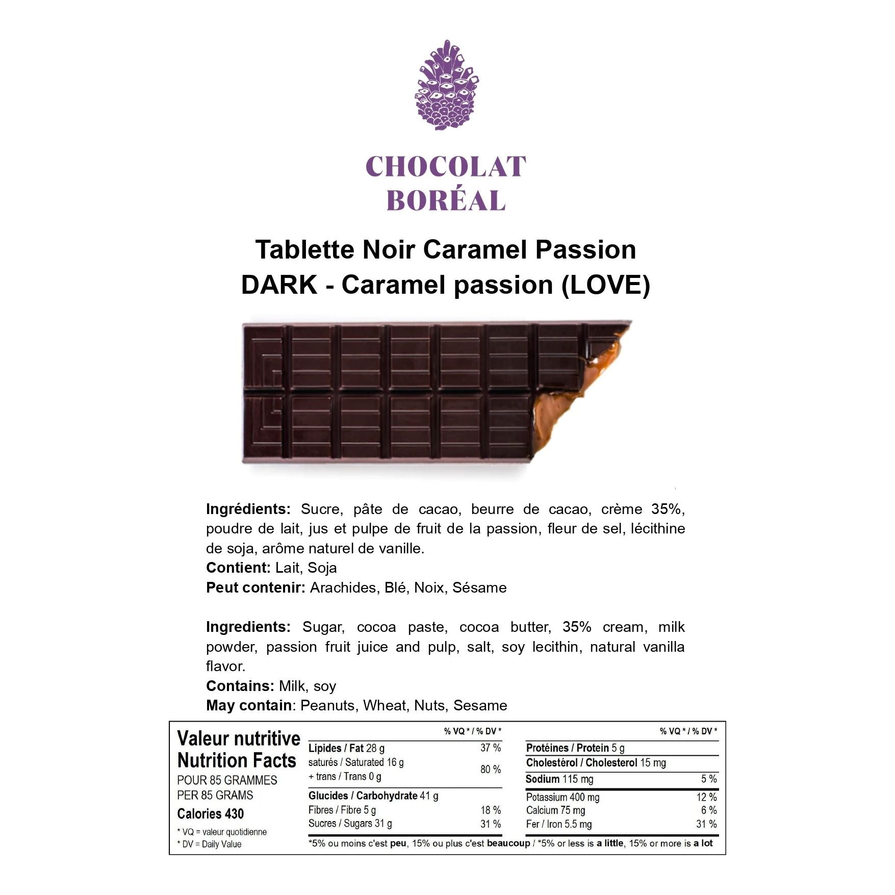 Tablette de chocolat Noir 70% - Caramel passion (Tablette Saint-Valentin)    - Chocolat Boréal - Tablette de chocolat -  - La Guilde Culinaire